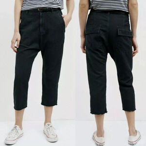 Nili Lotan 6 Linen Luna Pant Drop Crotch Slouchy Cotton Crop Washed Blue/Black